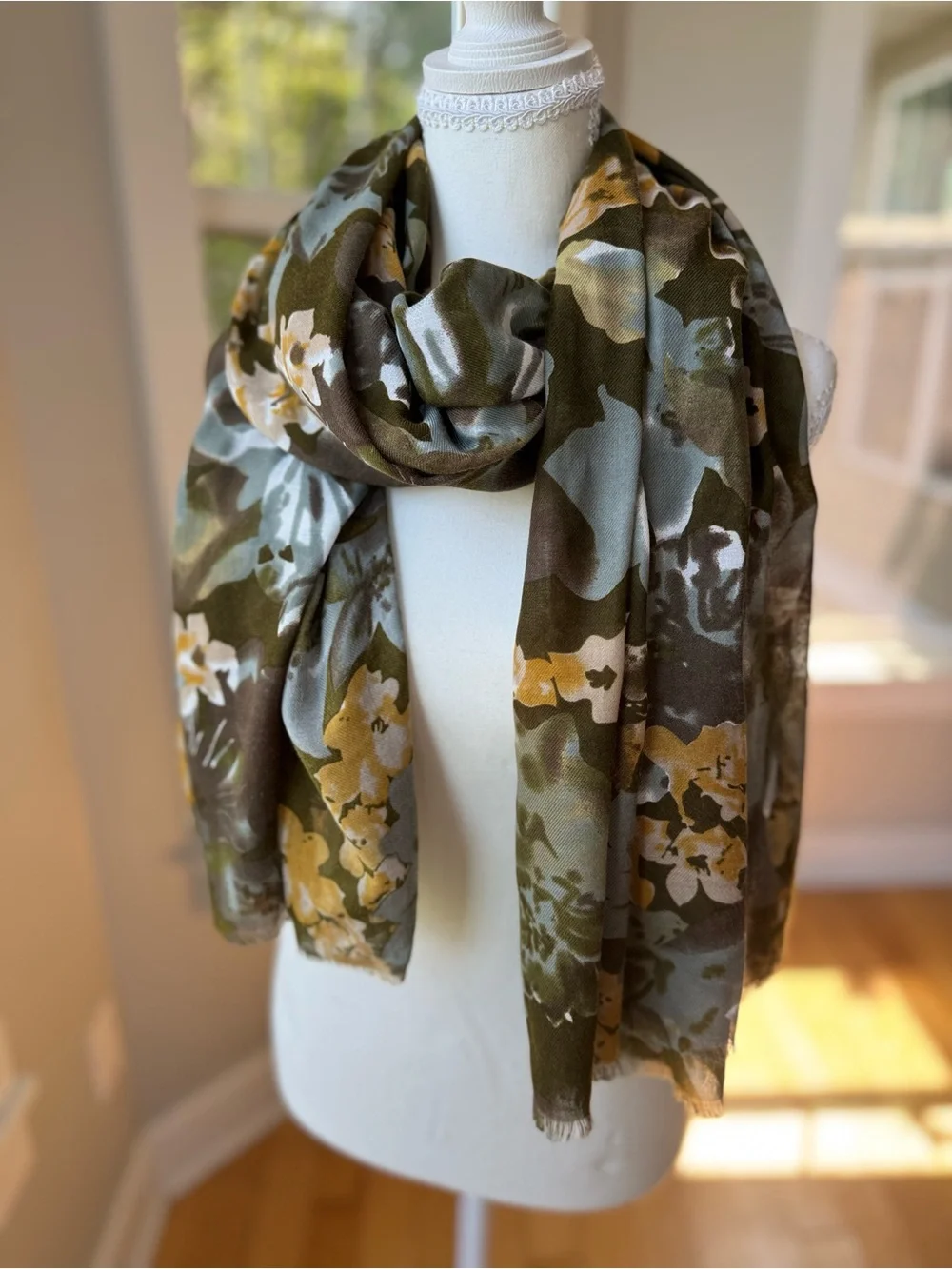 Vintage Olive Green Floral Woven Rectangle Wrap Scarf
